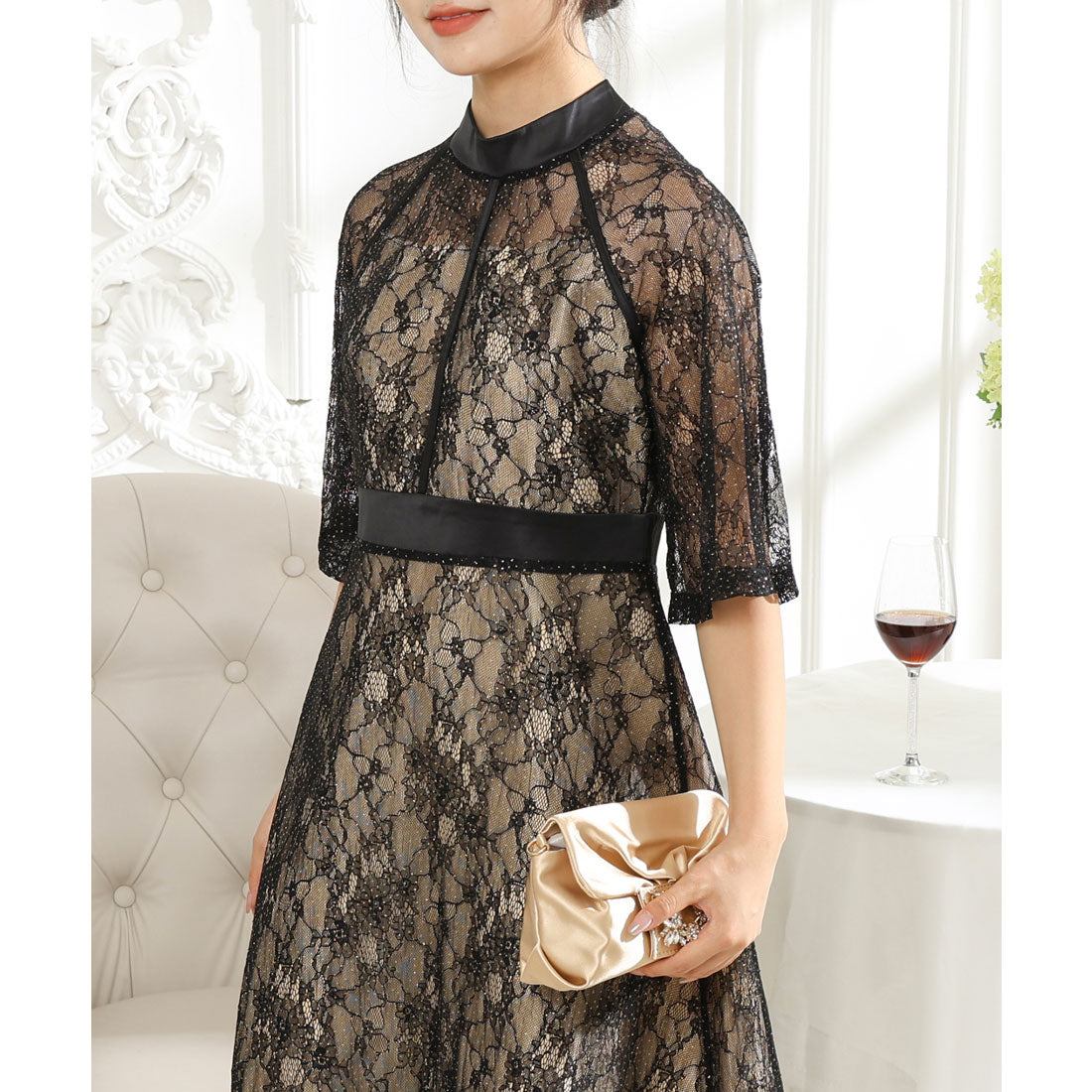 レースレディース Lace Ladies 総レース プチハイネック ハーフ袖 フレア ワンピース