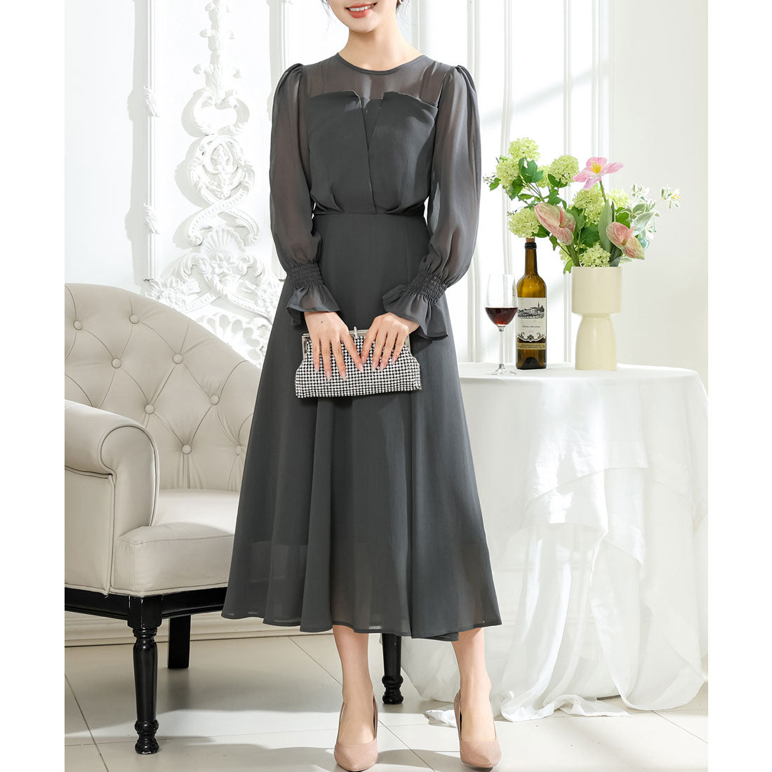 Race Ladies Lace Ladies Candy Sleeve Puff Sleeve Sheer Long Dress