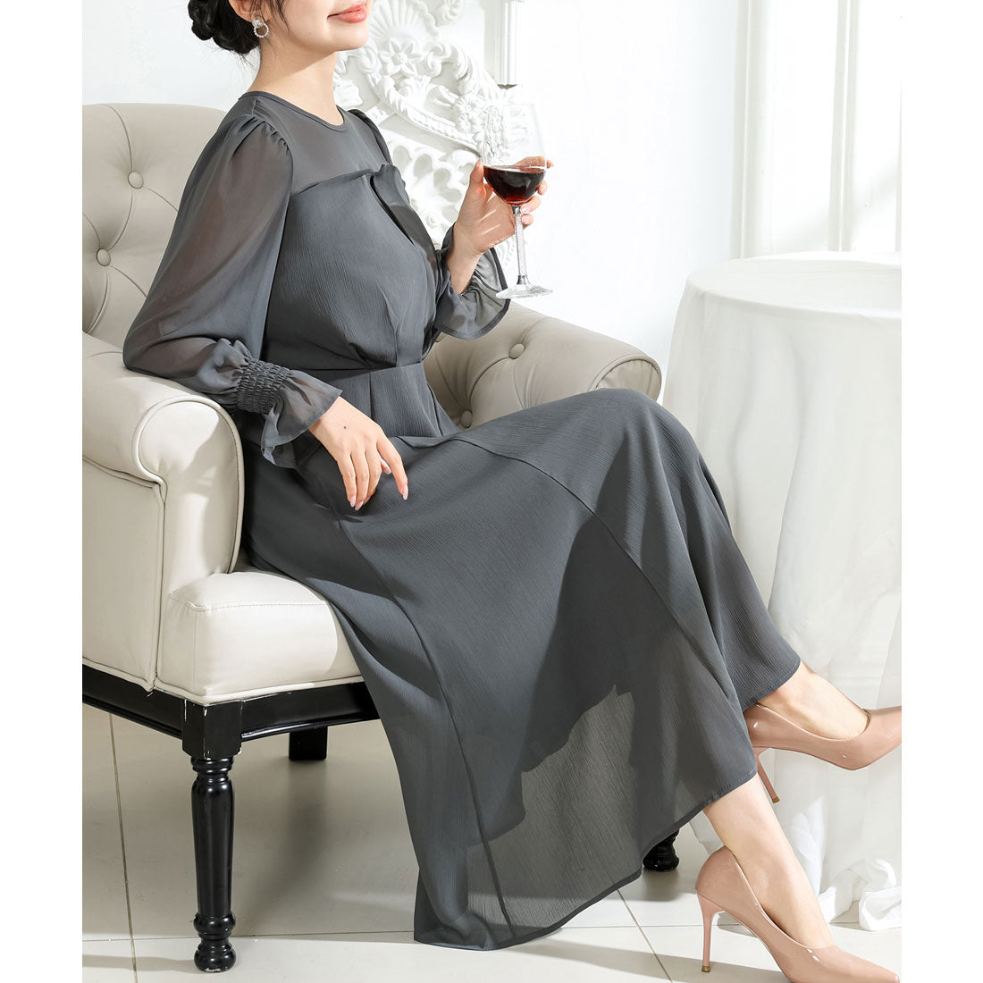 レースレディース Lace Ladies キャンディ袖 パフスリーブ シアー ロング ワンピース