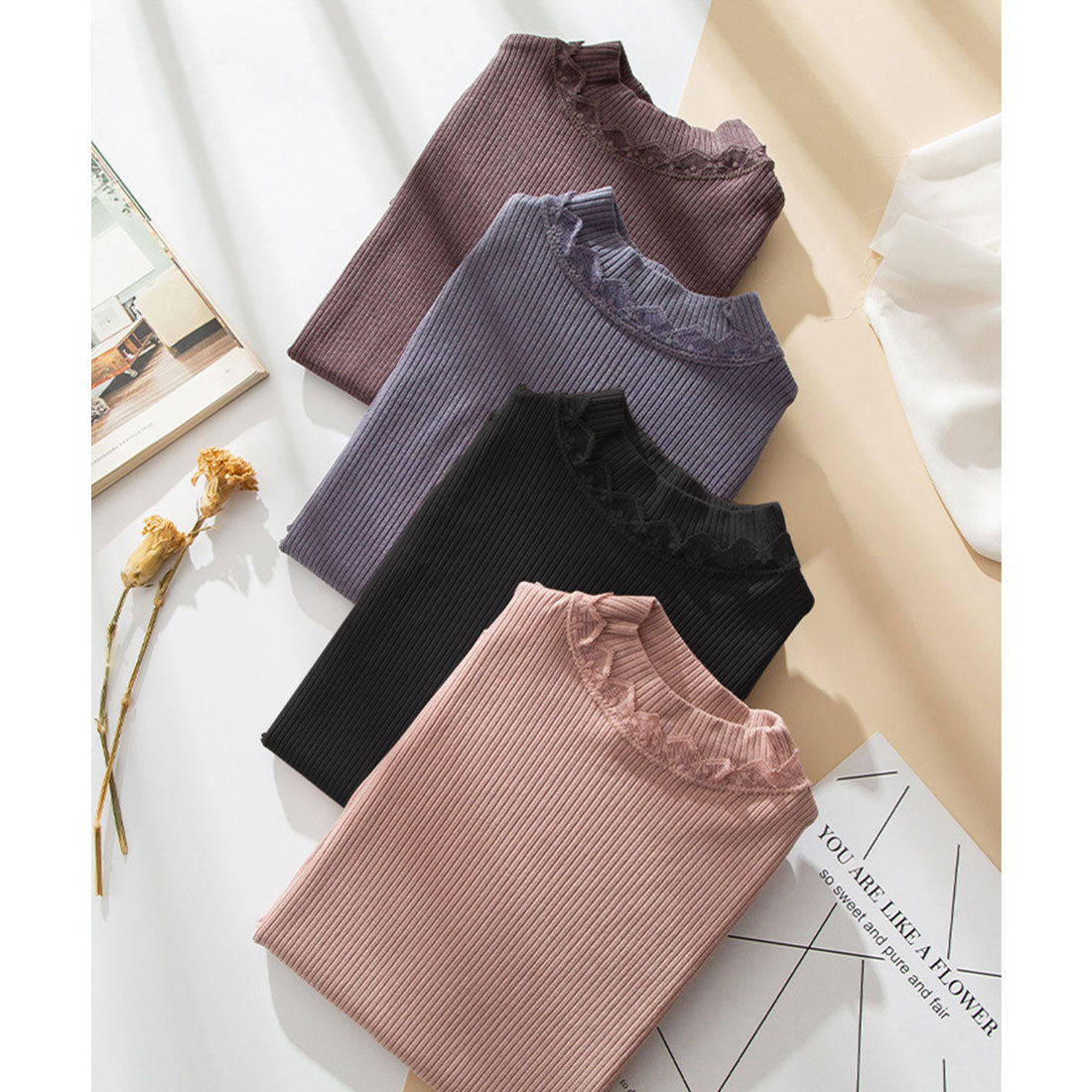 賽車女士 Lace Ladies 【2件套】 純色 小高領 蕾絲 內搭