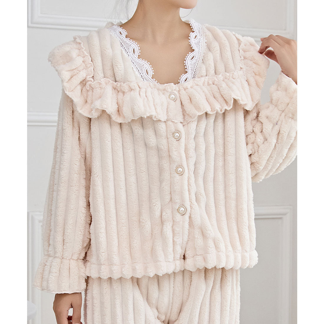 レースレディース Lace Ladies パールボタン スクエア フリル 長袖 フランネル ルームウエア