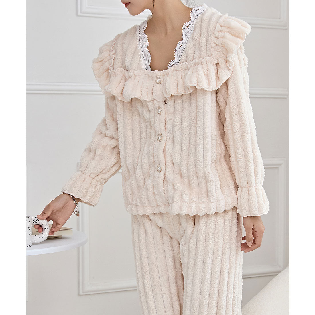 レースレディース Lace Ladies パールボタン スクエア フリル 長袖 フランネル ルームウエア