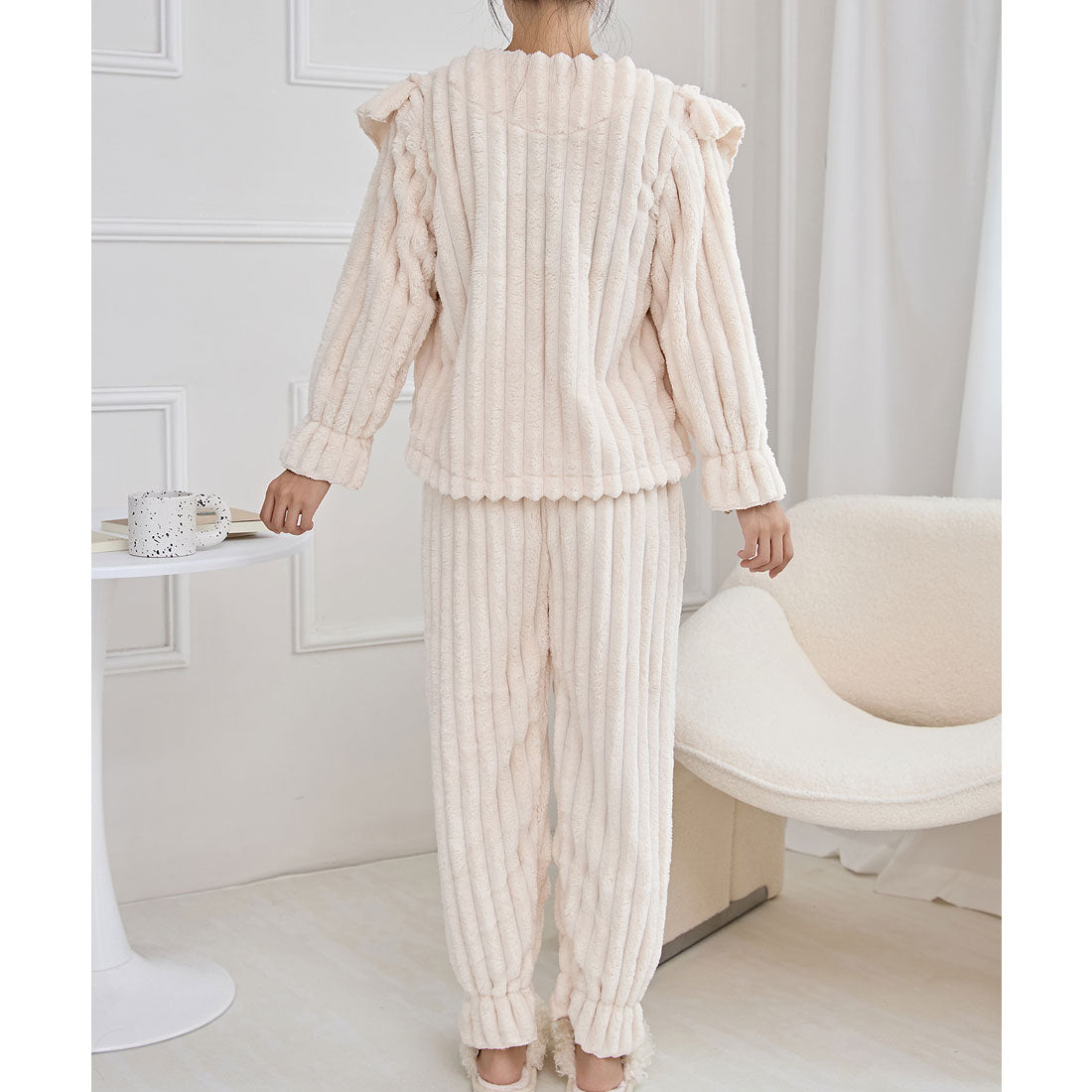 レースレディース Lace Ladies パールボタン スクエア フリル 長袖 フランネル ルームウエア