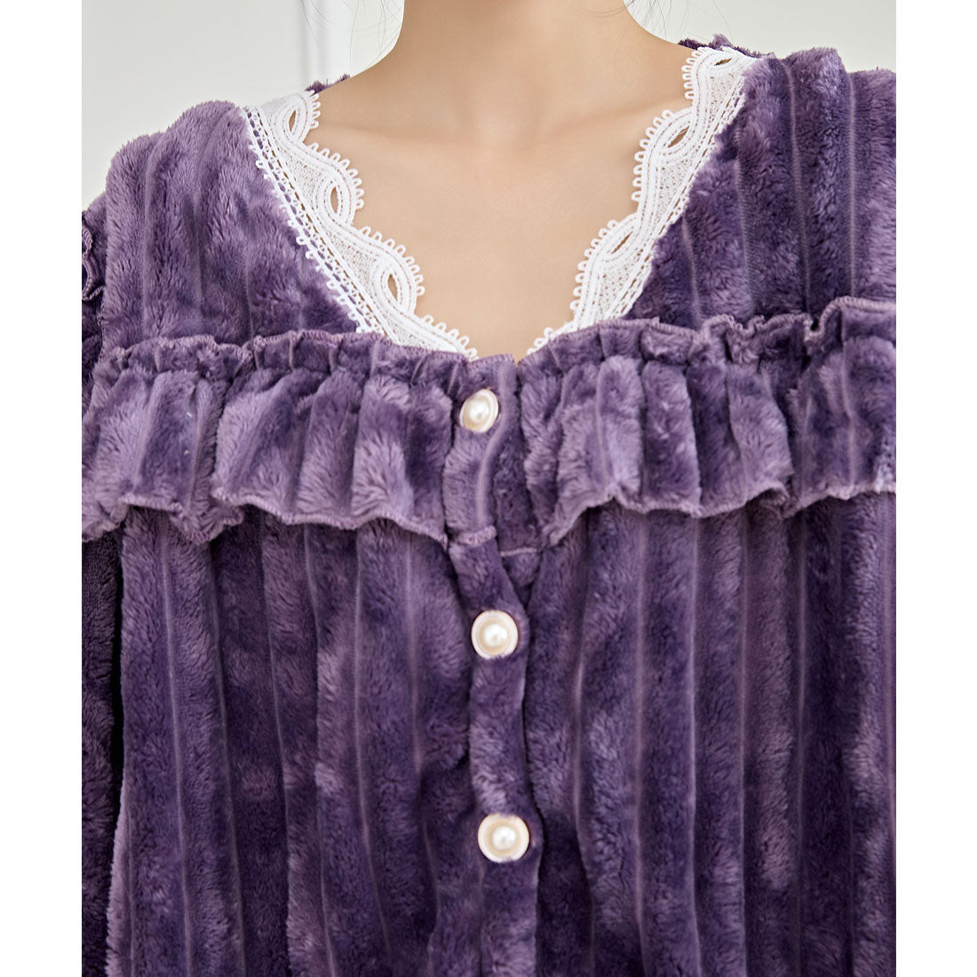 レースレディース Lace Ladies パールボタン スクエア フリル 長袖 フランネル ルームウエア