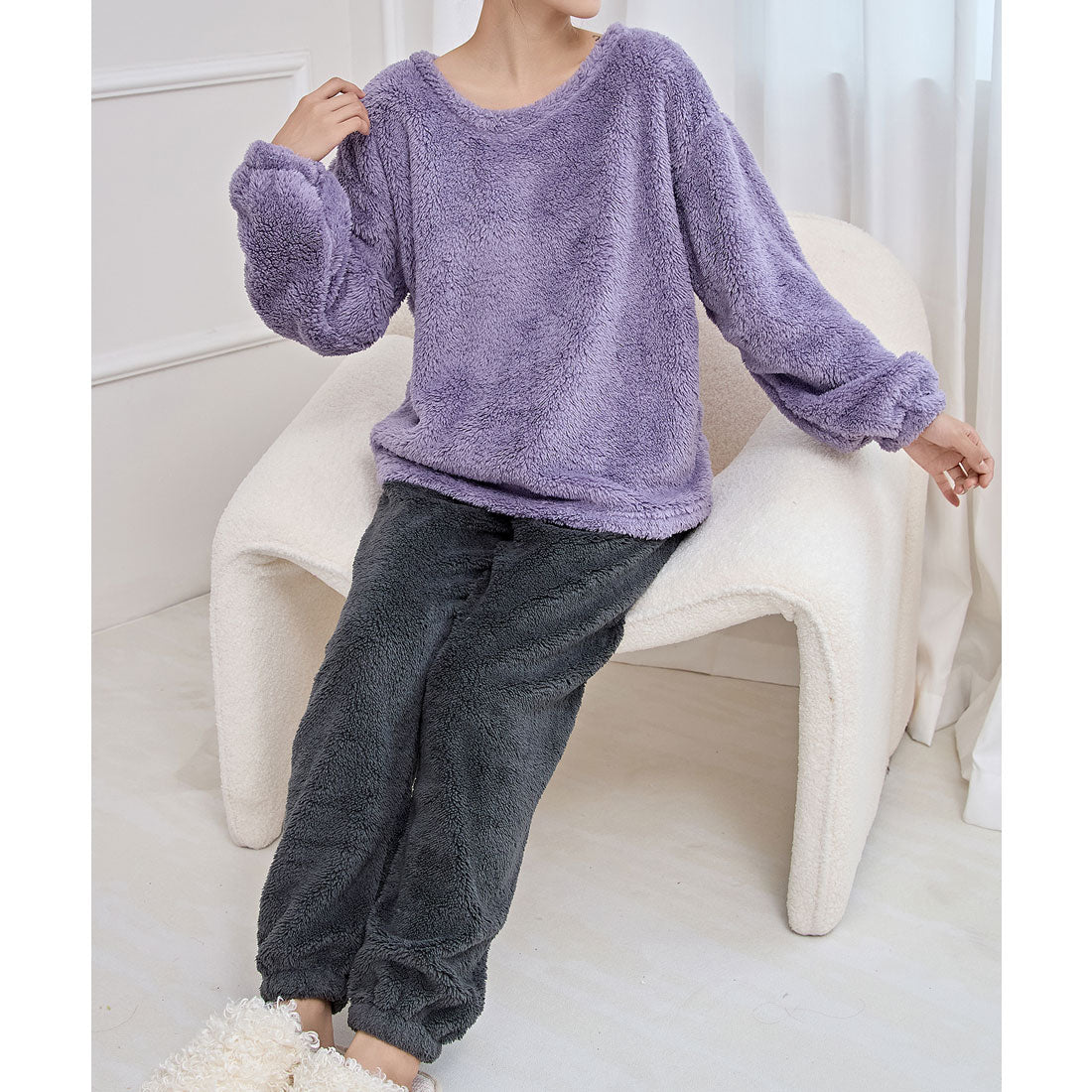 Lace Ladies Round Neck Fluffy Long Sleeve Fleece Loungewear