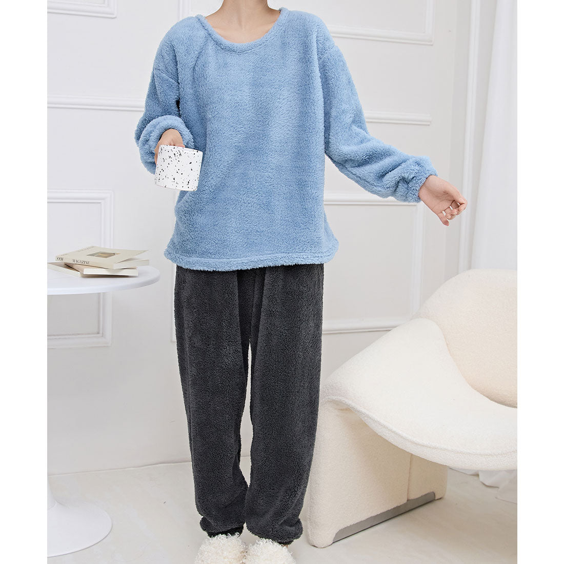 Lace Ladies Round Neck Fluffy Long Sleeve Fleece Loungewear