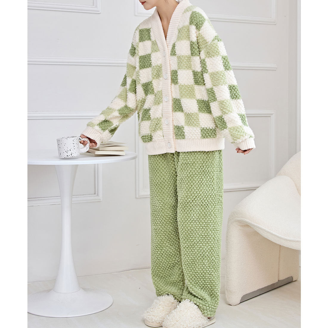 レースレディース Lace Ladies 配色 チェック Vネック フリース ルームウエア (グリーン) グリーン