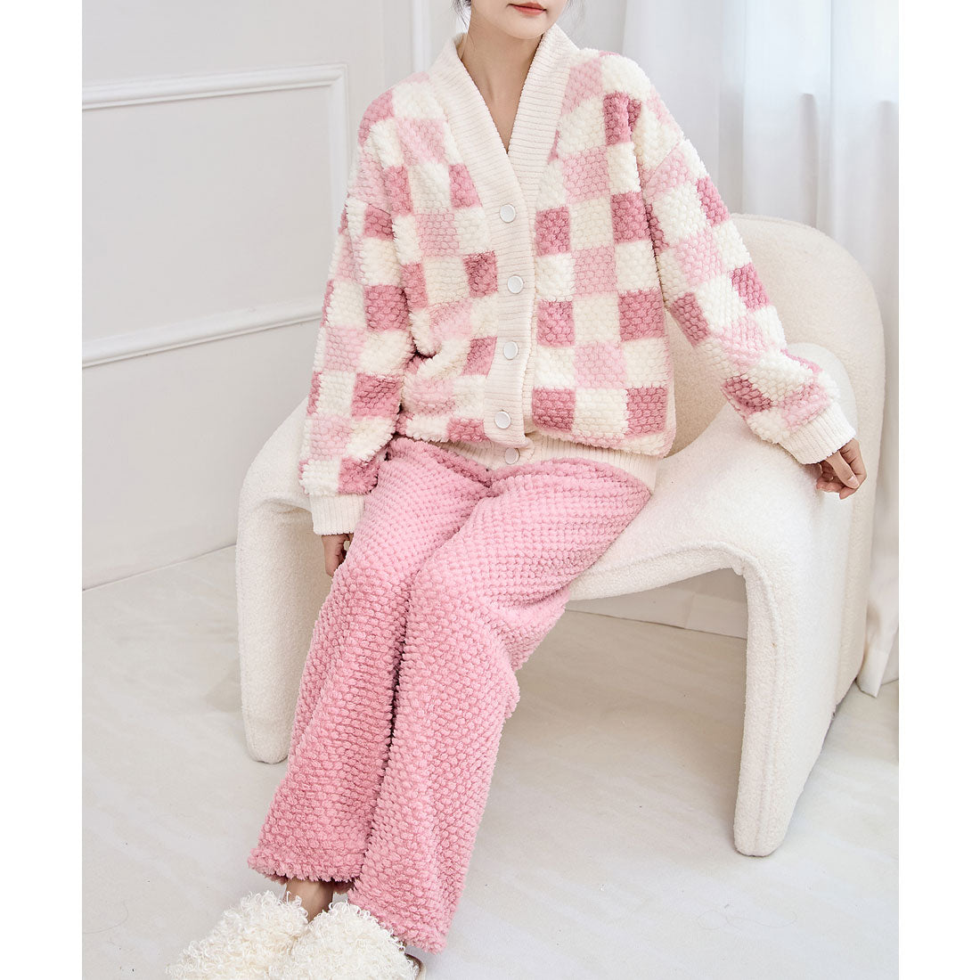 Race Ladies Lace Ladies Color Check V-Neck Fleece Loungewear