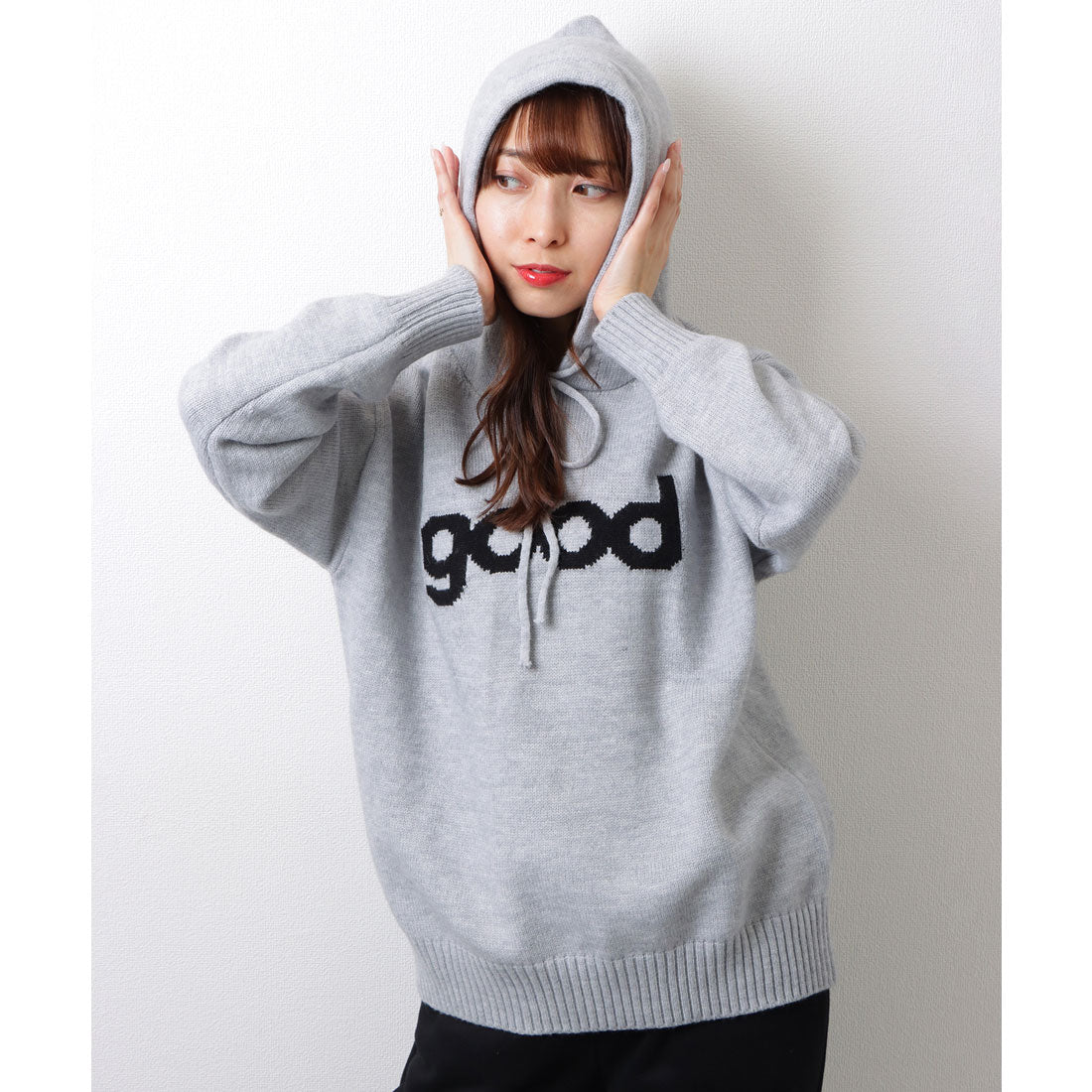 レースレディース Lace Ladies オーバーシルエット フロントロゴ ニット フーディー プルオーバー トップス (グレー) グレー