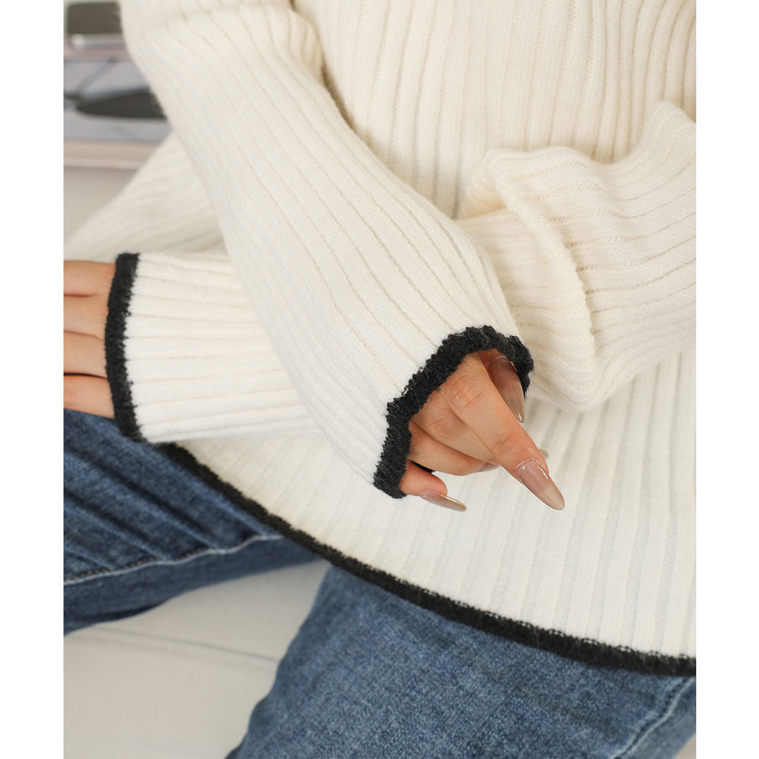 レースレディース Lace Ladies 配色 ライン ボトルネック リブ ニット プルオーバー