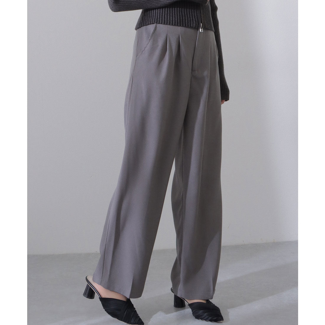 レースレディース Lace Ladies バック ゴム ソリッドカラー ワイド タック パンツ (グレー) グレー