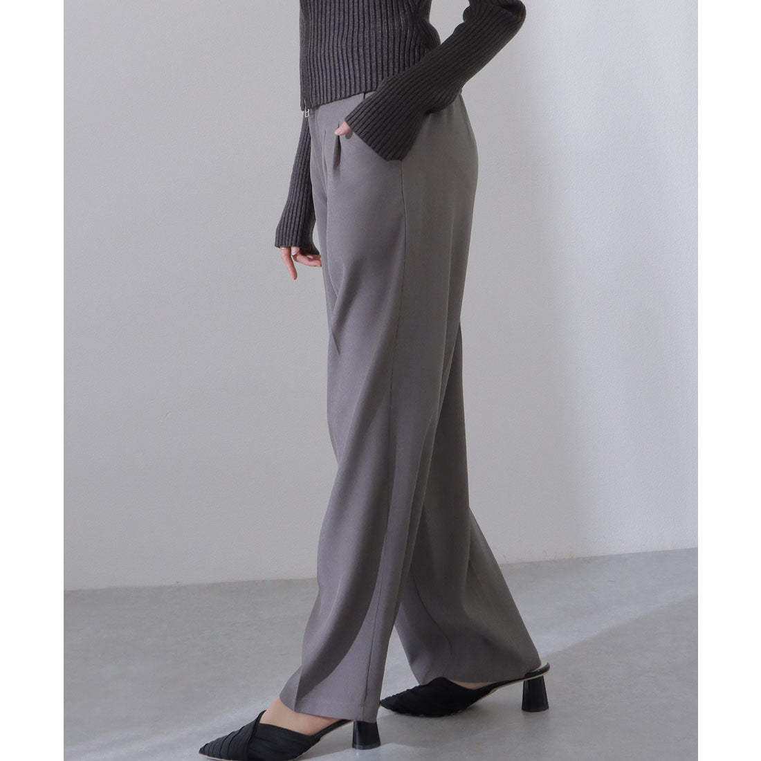 レースレディース Lace Ladies バック ゴム ソリッドカラー ワイド タック パンツ (グレー) グレー