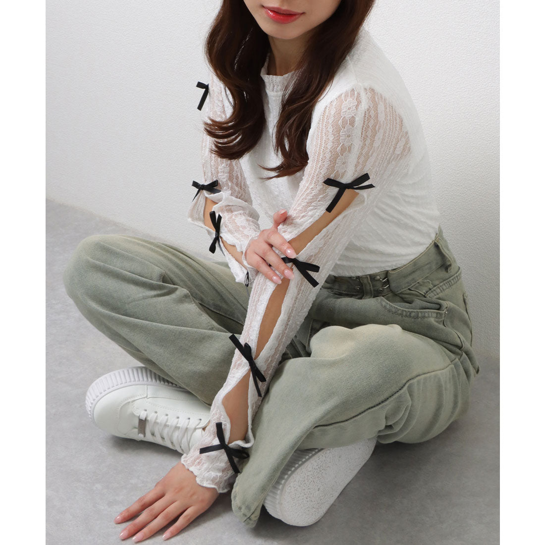 レースレディース Lace Ladies メニーリボン シアー ドッキング 長袖 レース プルオーバー (ホワイト) ホワイト