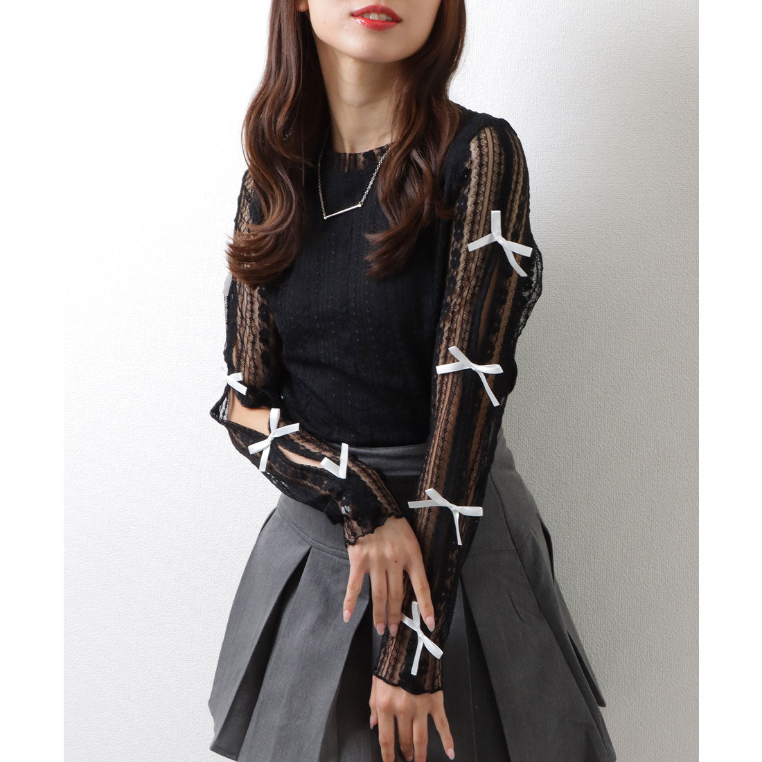 レースレディース Lace Ladies メニーリボン シアー ドッキング 長袖 レース プルオーバー (ブラック) ブラック