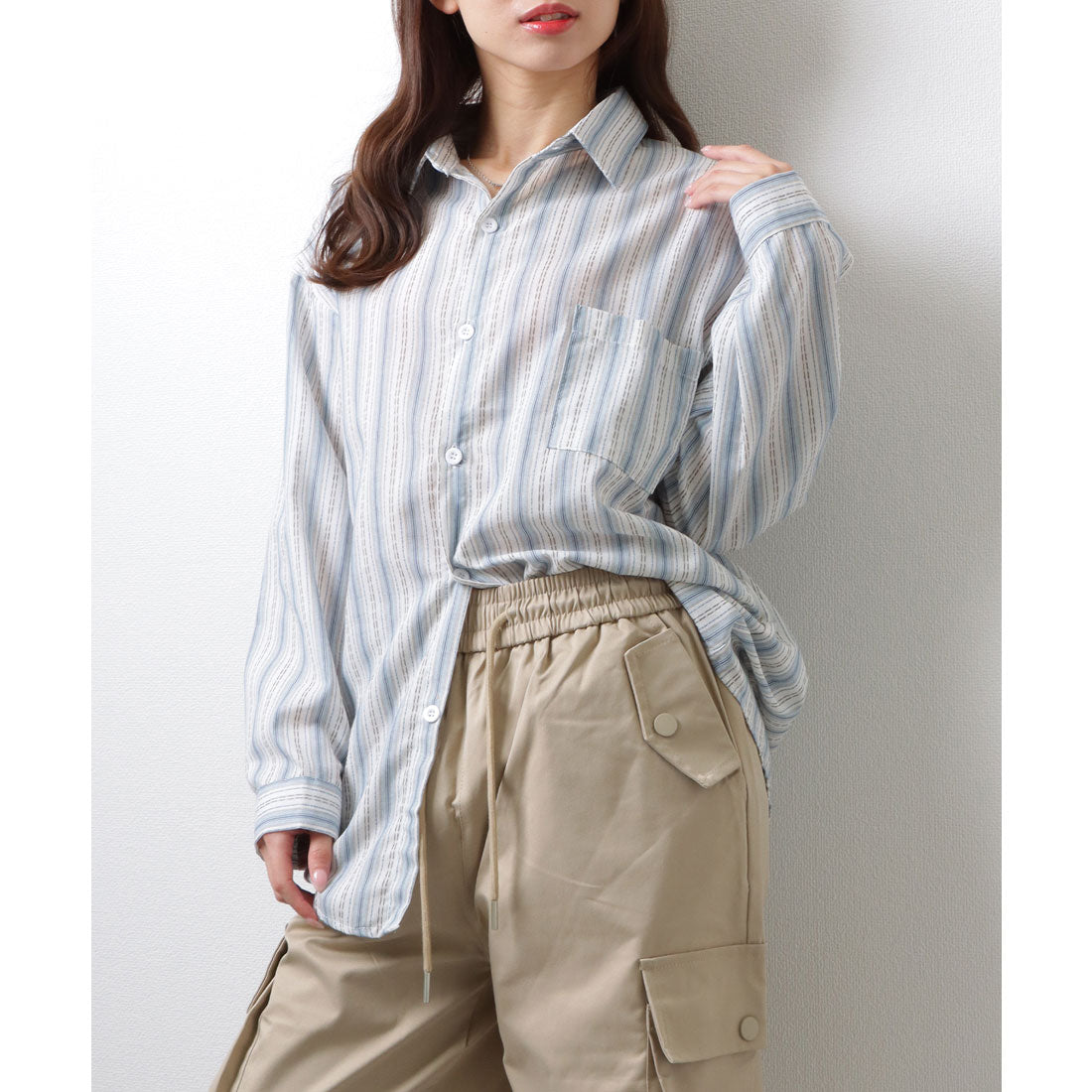 レースレディース Lace Ladies マルチストライプ柄 フロント ボタン 長袖 シャツ (ブルー) ブルー