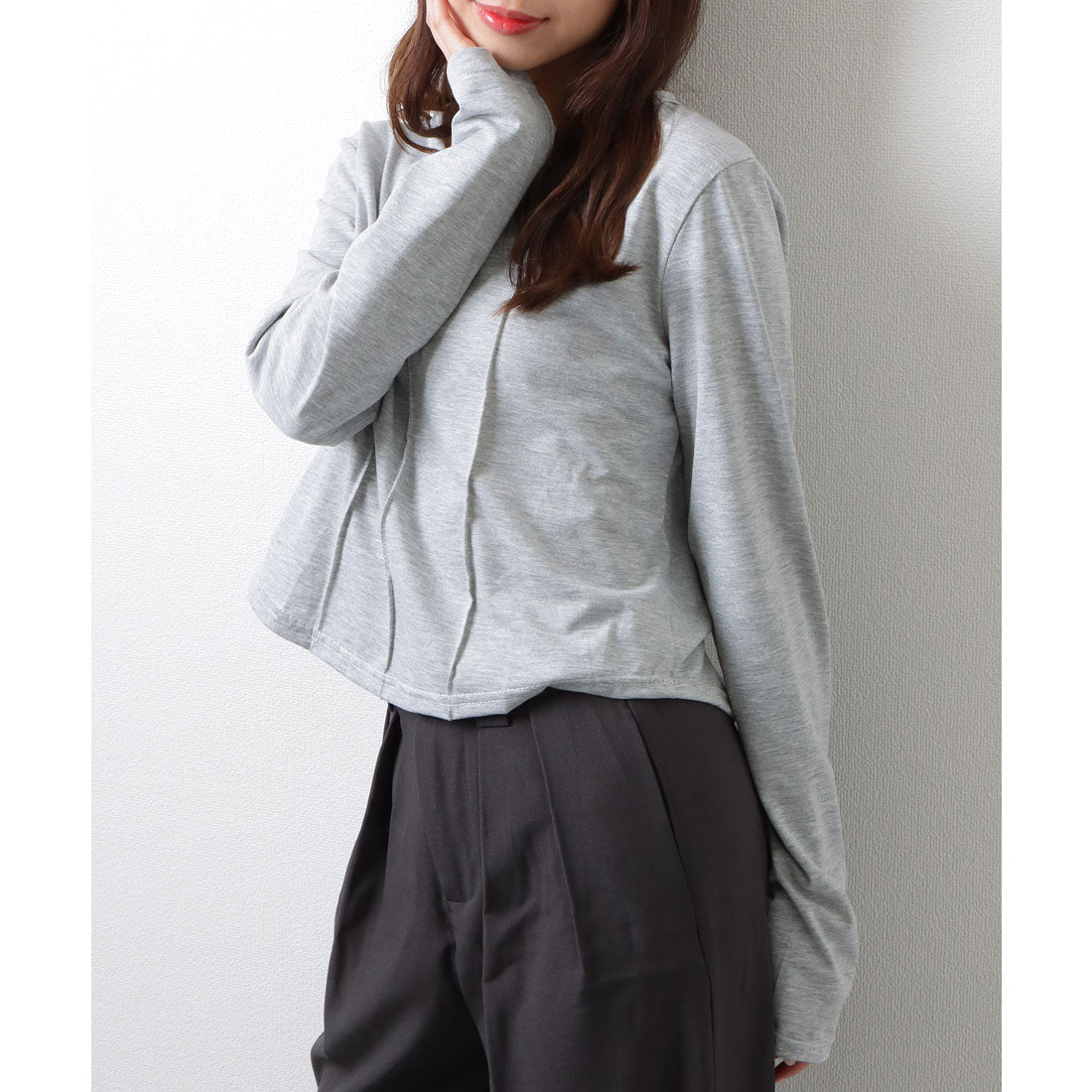 レースレディース Lace Ladies ソリッドカラー ヘンリーネック コンパクト 長袖 カットソー (グレー) グレー