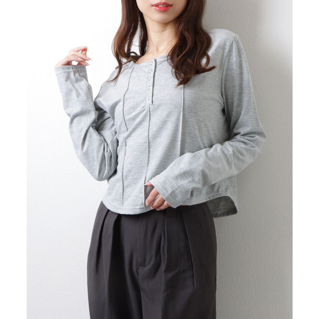 レースレディース Lace Ladies ソリッドカラー ヘンリーネック コンパクト 長袖 カットソー (グレー) グレー
