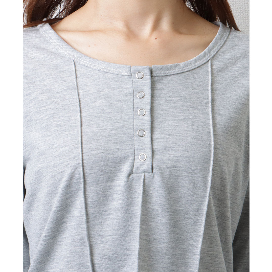 レースレディース Lace Ladies ソリッドカラー ヘンリーネック コンパクト 長袖 カットソー (グレー) グレー