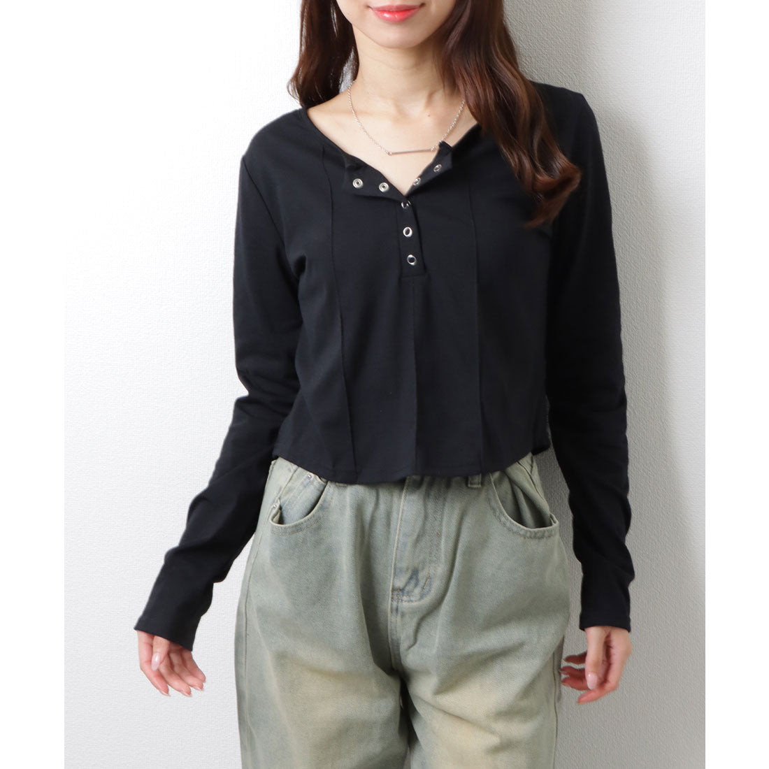 レースレディース Lace Ladies ソリッドカラー ヘンリーネック コンパクト 長袖 カットソー (ブラック) ブラック