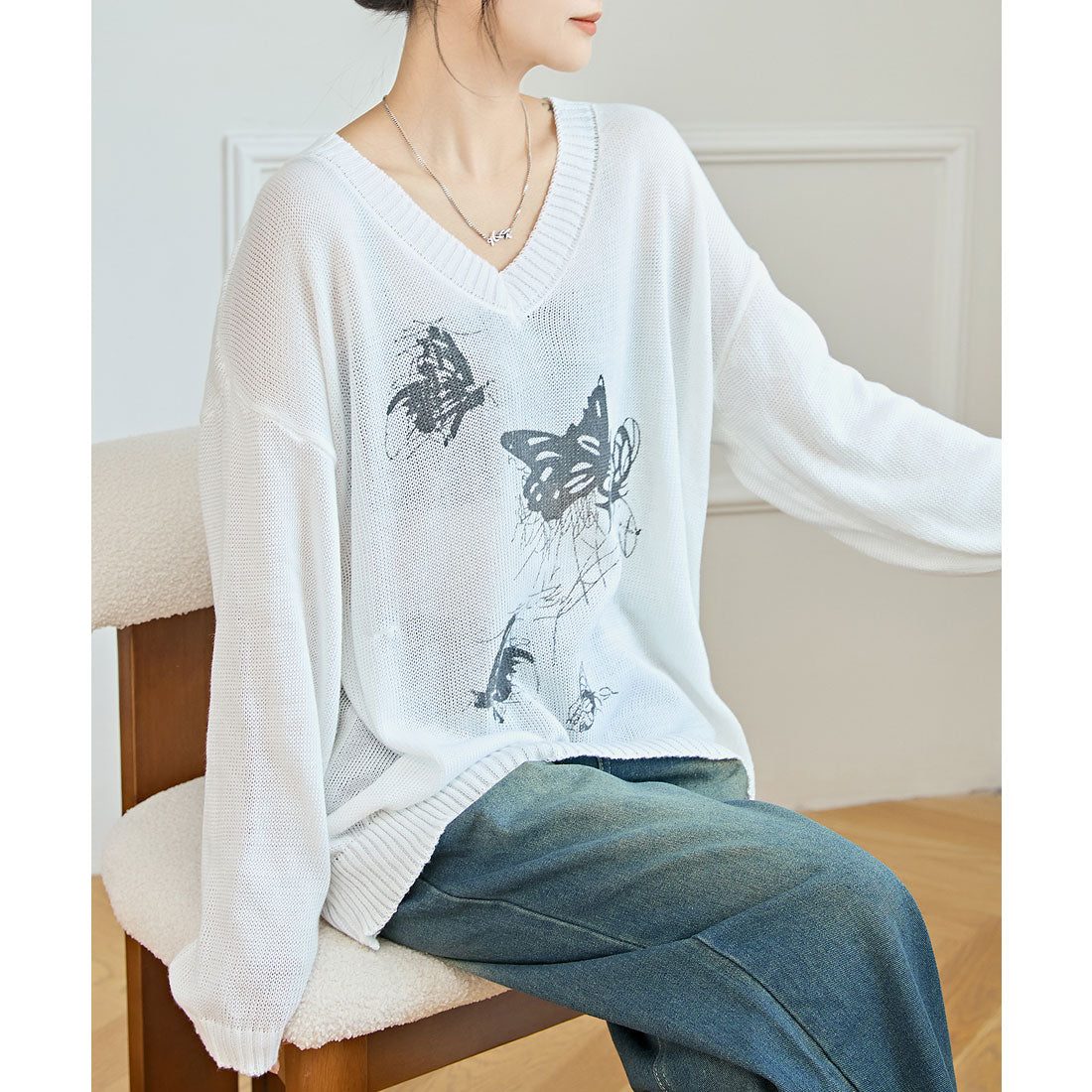 レースレディース Lace Ladies バタフライ柄 Vネック 長袖 ニット プルオーバー (ホワイト) ホワイト
