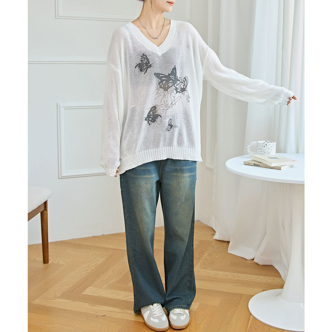 レースレディース Lace Ladies バタフライ柄 Vネック 長袖 ニット プルオーバー (ホワイト) ホワイト