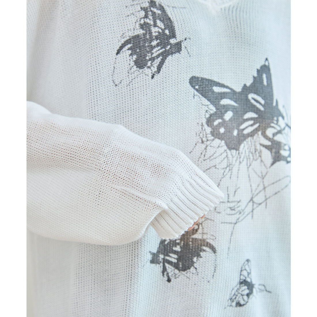 レースレディース Lace Ladies バタフライ柄 Vネック 長袖 ニット プルオーバー (ホワイト) ホワイト