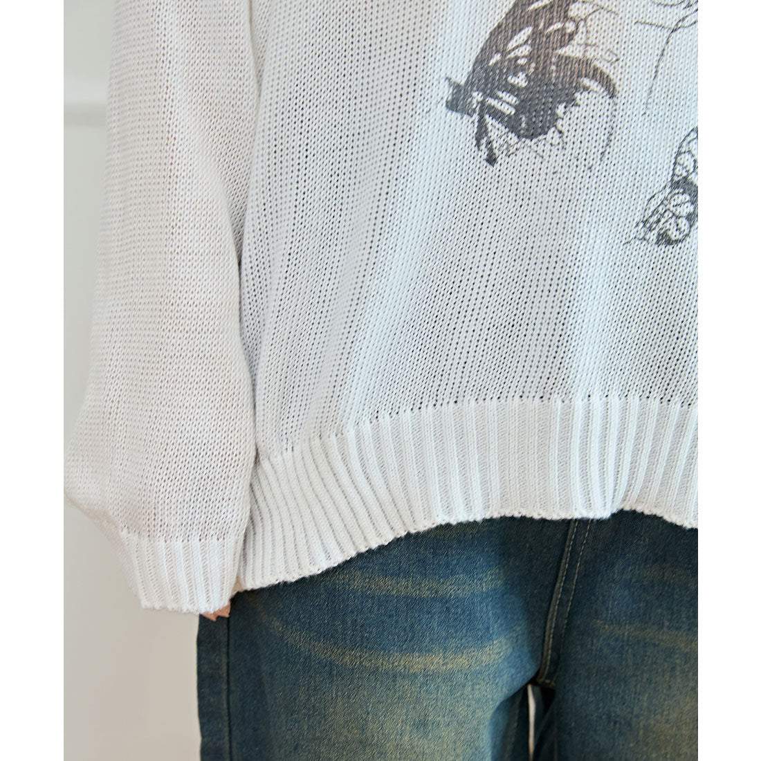 レースレディース Lace Ladies バタフライ柄 Vネック 長袖 ニット プルオーバー (ホワイト) ホワイト