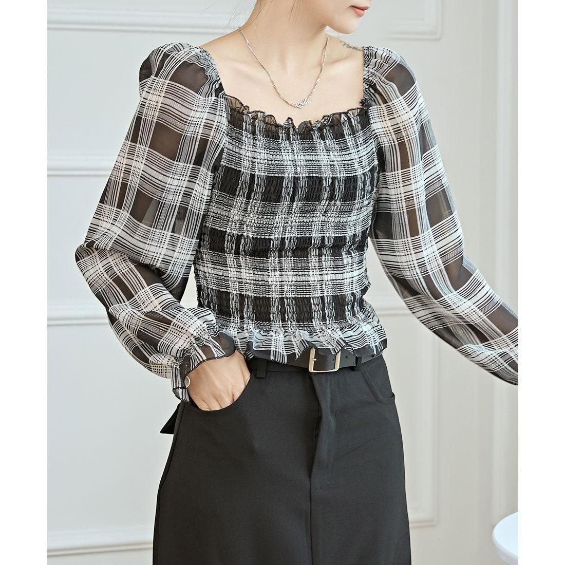 トップス B. tops Race Ladies Lace Ladies 2WAY Check Pattern Shirring Cropped Tops