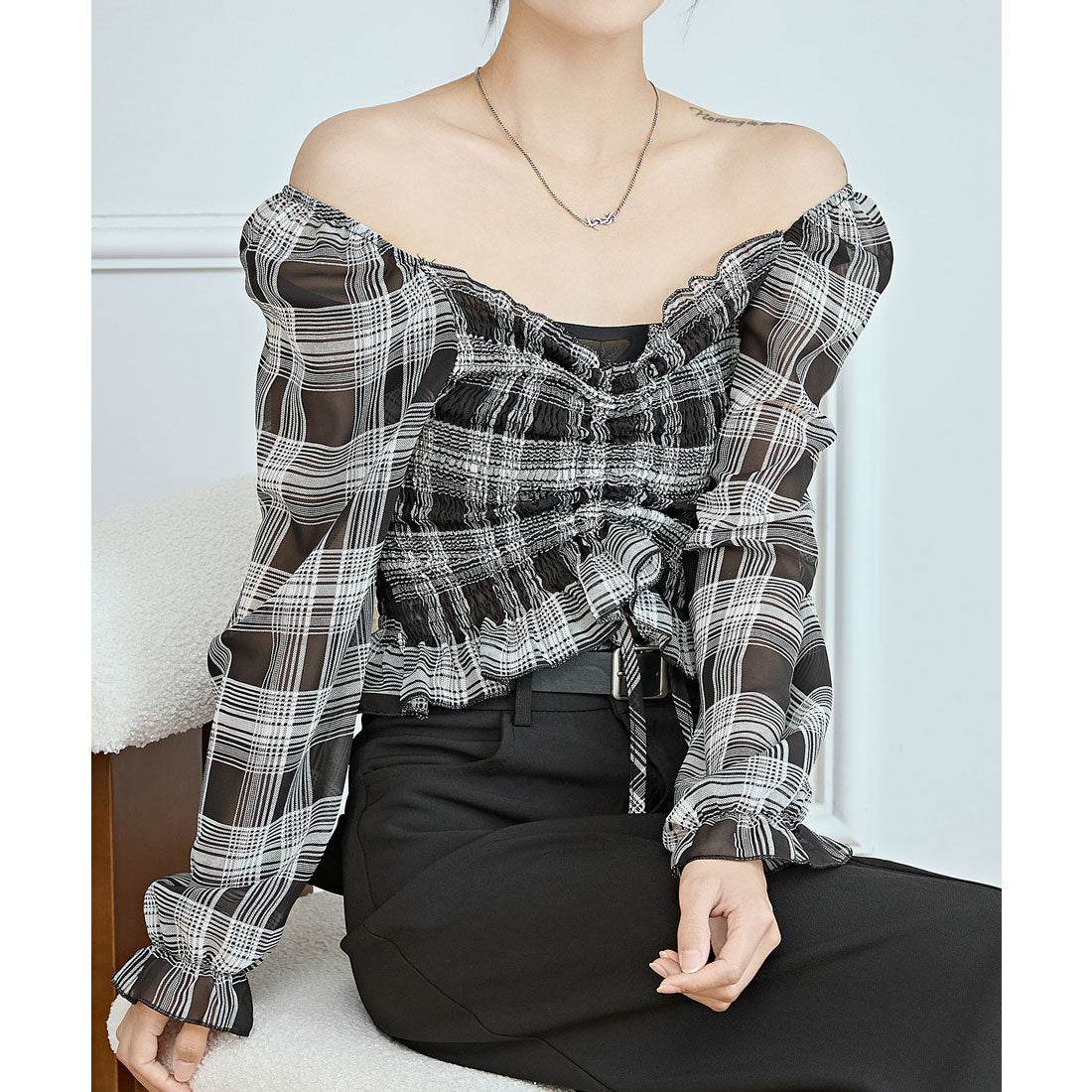 レースレディース Lace Ladies 2WAY チェック柄 シャーリング クロップド トップス (ブラック) ブラック