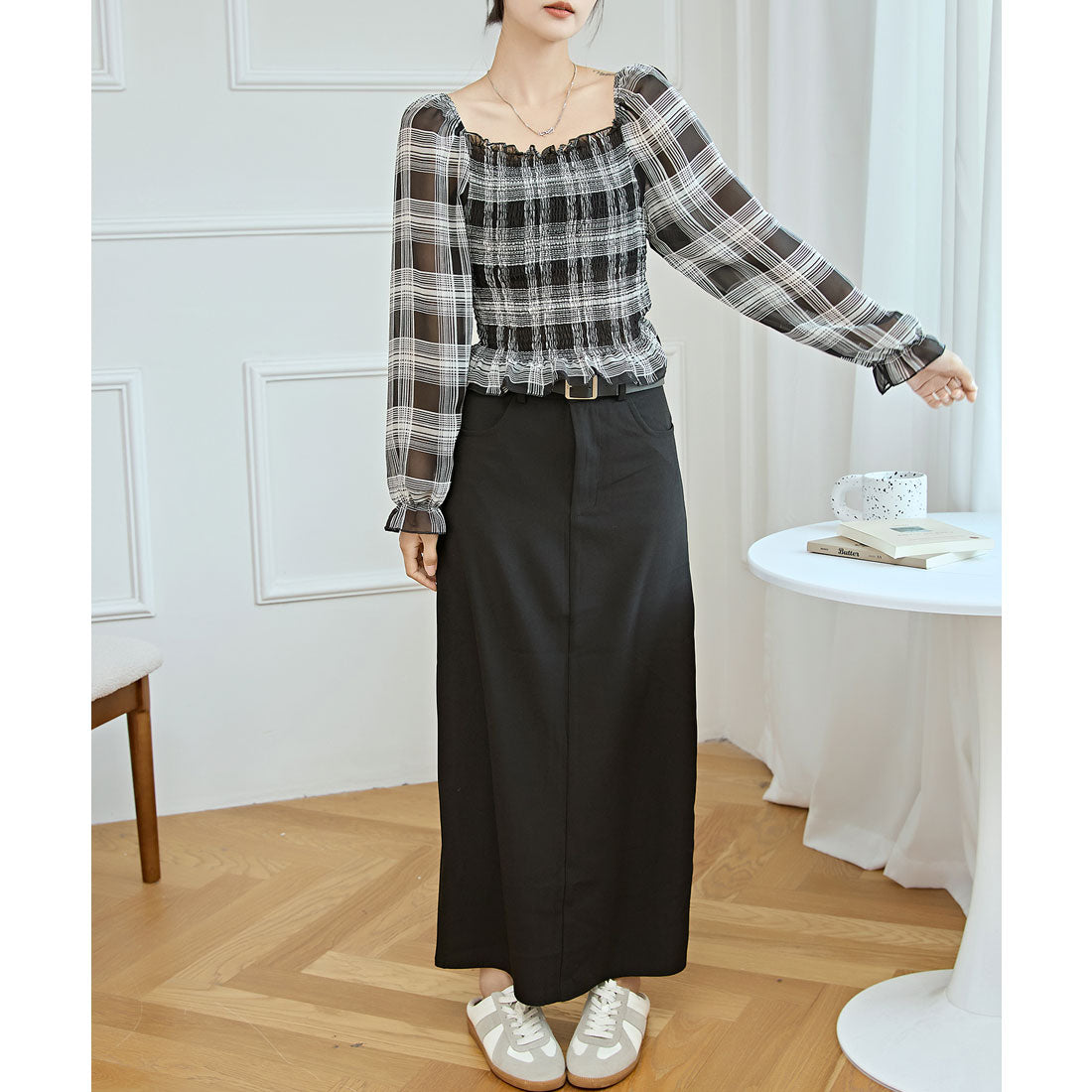 レースレディース Lace Ladies 2WAY チェック柄 シャーリング クロップド トップス (ブラック) ブラック