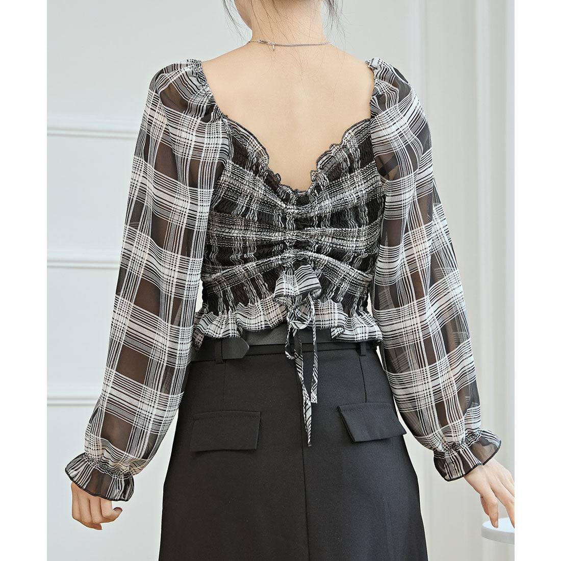 レースレディース Lace Ladies 2WAY チェック柄 シャーリング クロップド トップス (ブラック) ブラック