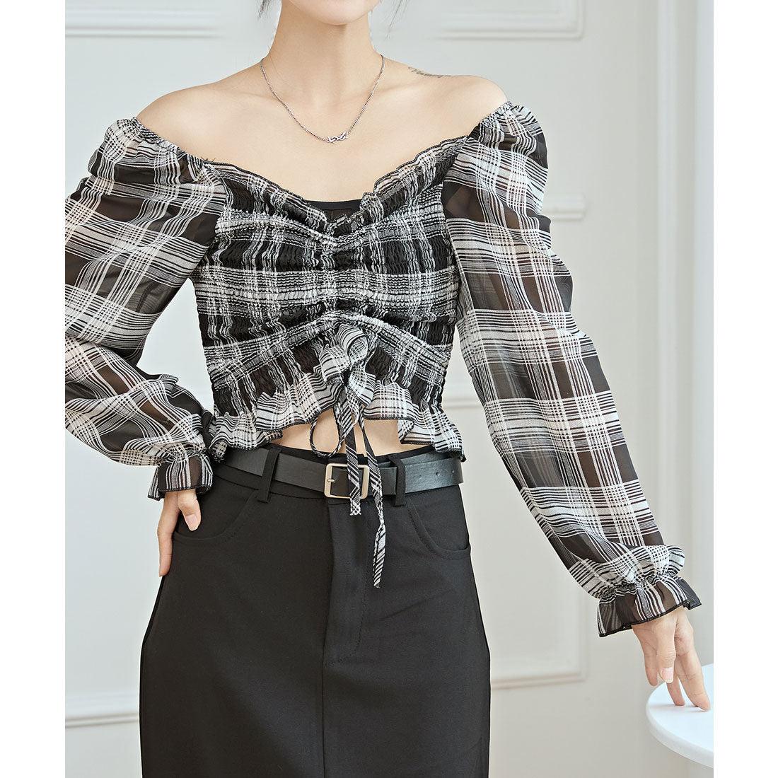 レースレディース Lace Ladies 2WAY チェック柄 シャーリング クロップド トップス (ブラック) ブラック