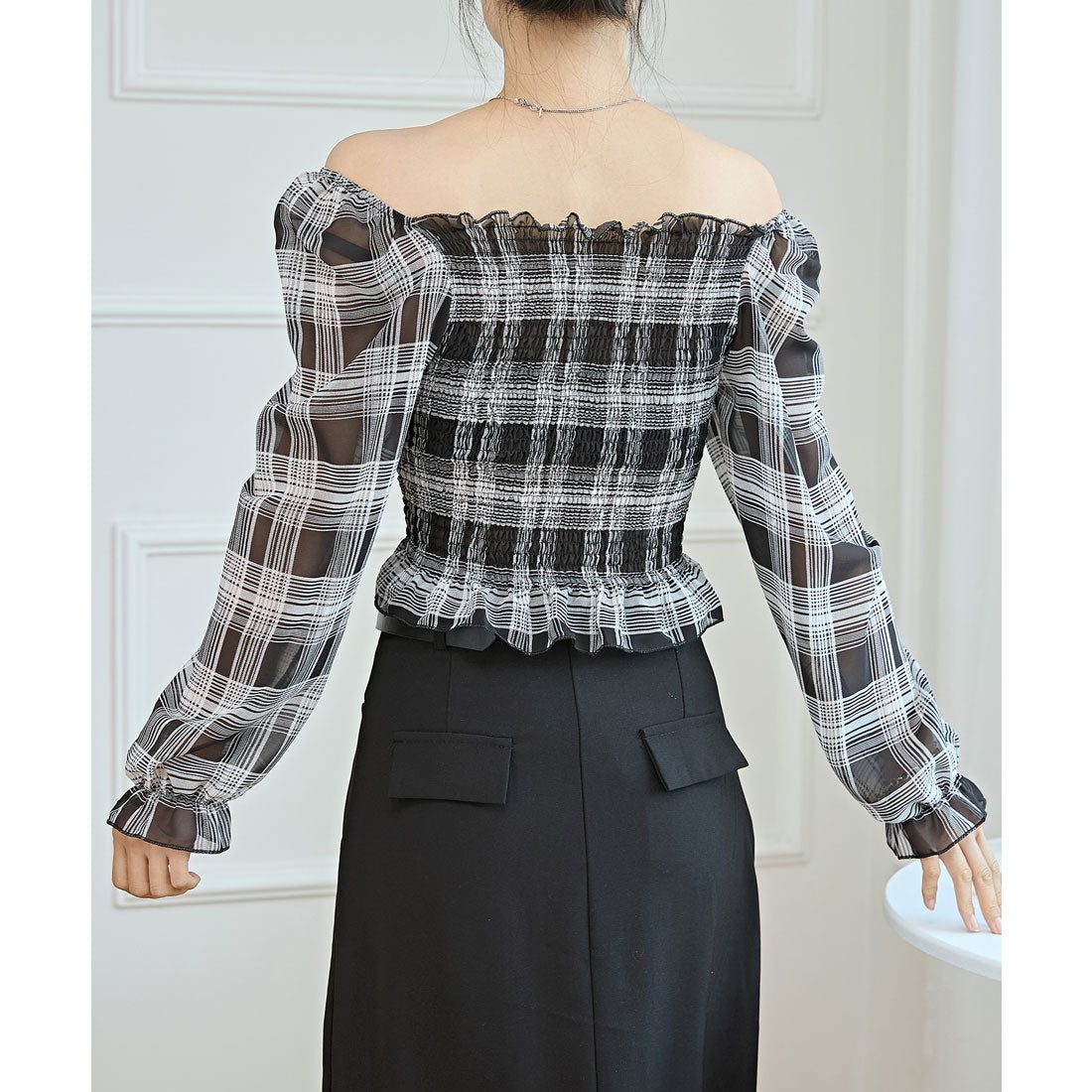 レースレディース Lace Ladies 2WAY チェック柄 シャーリング クロップド トップス (ブラック) ブラック