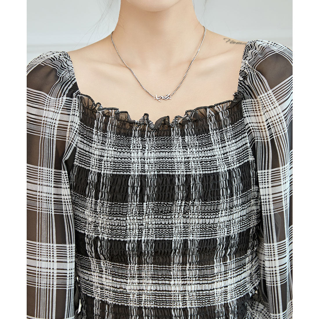 レースレディース Lace Ladies 2WAY チェック柄 シャーリング クロップド トップス (ブラック) ブラック