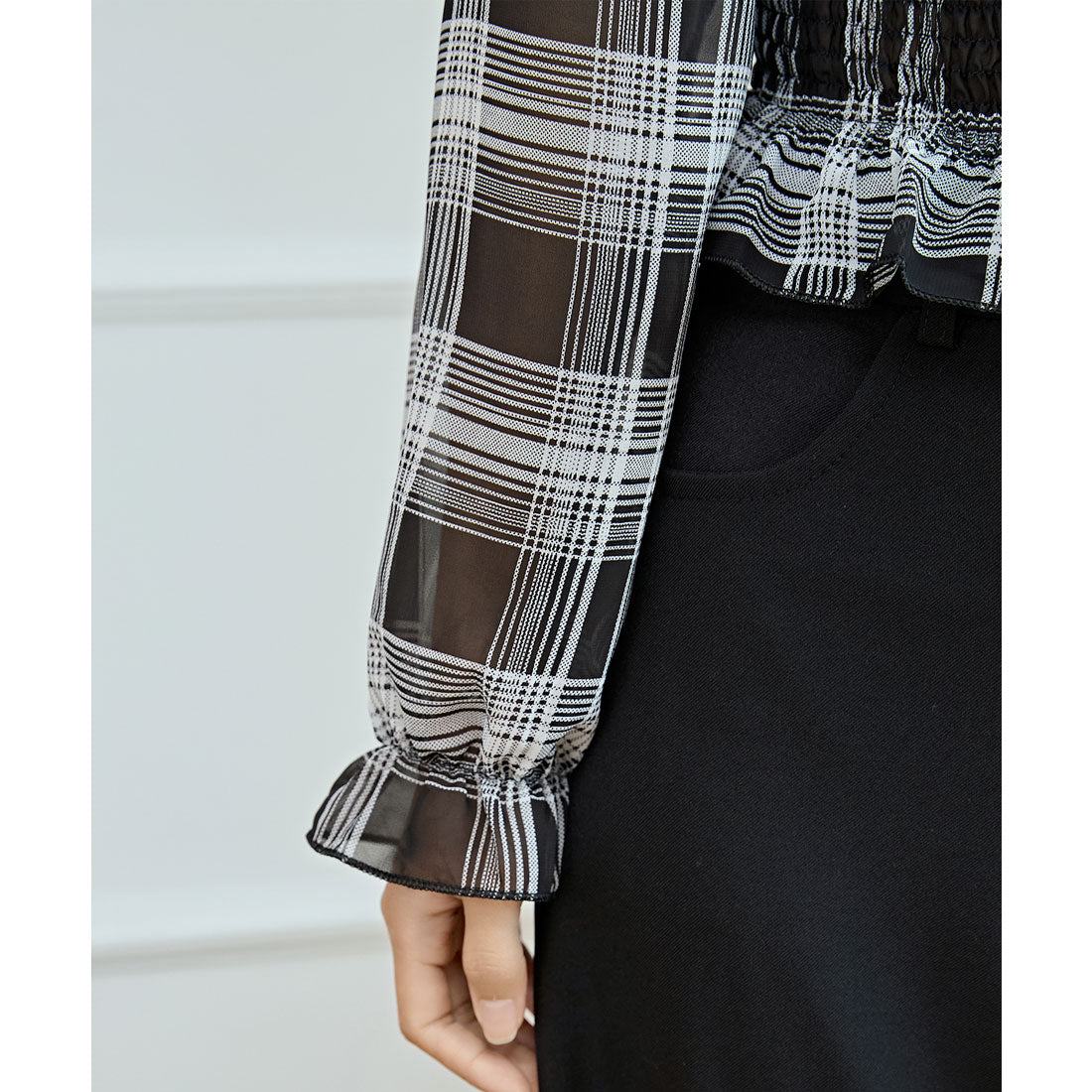 レースレディース Lace Ladies 2WAY チェック柄 シャーリング クロップド トップス (ブラック) ブラック