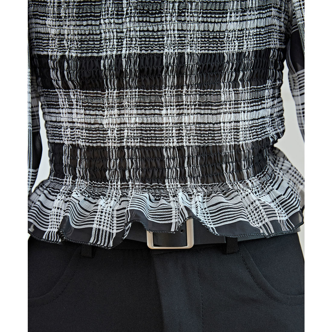 レースレディース Lace Ladies 2WAY チェック柄 シャーリング クロップド トップス (ブラック) ブラック