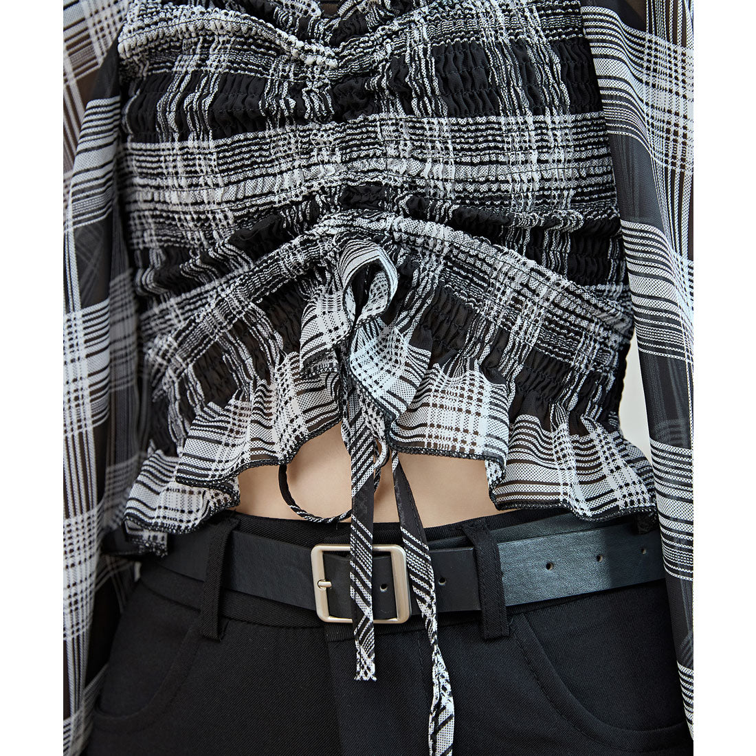 レースレディース Lace Ladies 2WAY チェック柄 シャーリング クロップド トップス (ブラック) ブラック