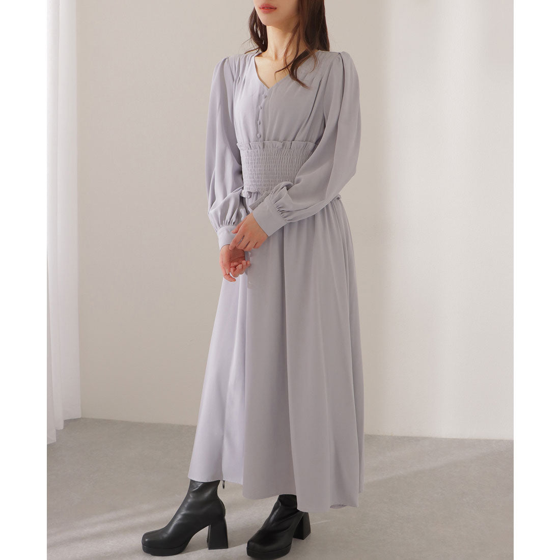 レースレディース Lace Ladies Vネック ウエスト シャーリング マキシ