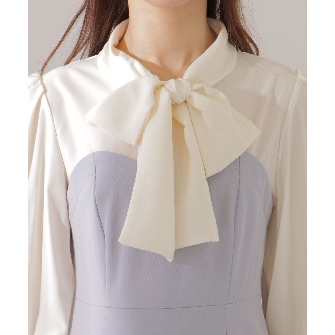 レースレディース Lace Ladies ボウタイ付き ハートネック ドッキング マキシ ワンピース (グレージュ) グレージュ