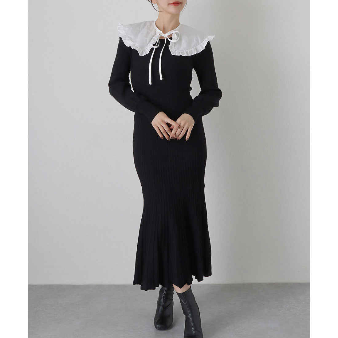 Lace Ladies Frill Color-Trimmed Rib Knit Mermaid Long Dress Lace Ladies Frill Color-Trimmed Rib Knit Mermaid Long Dress