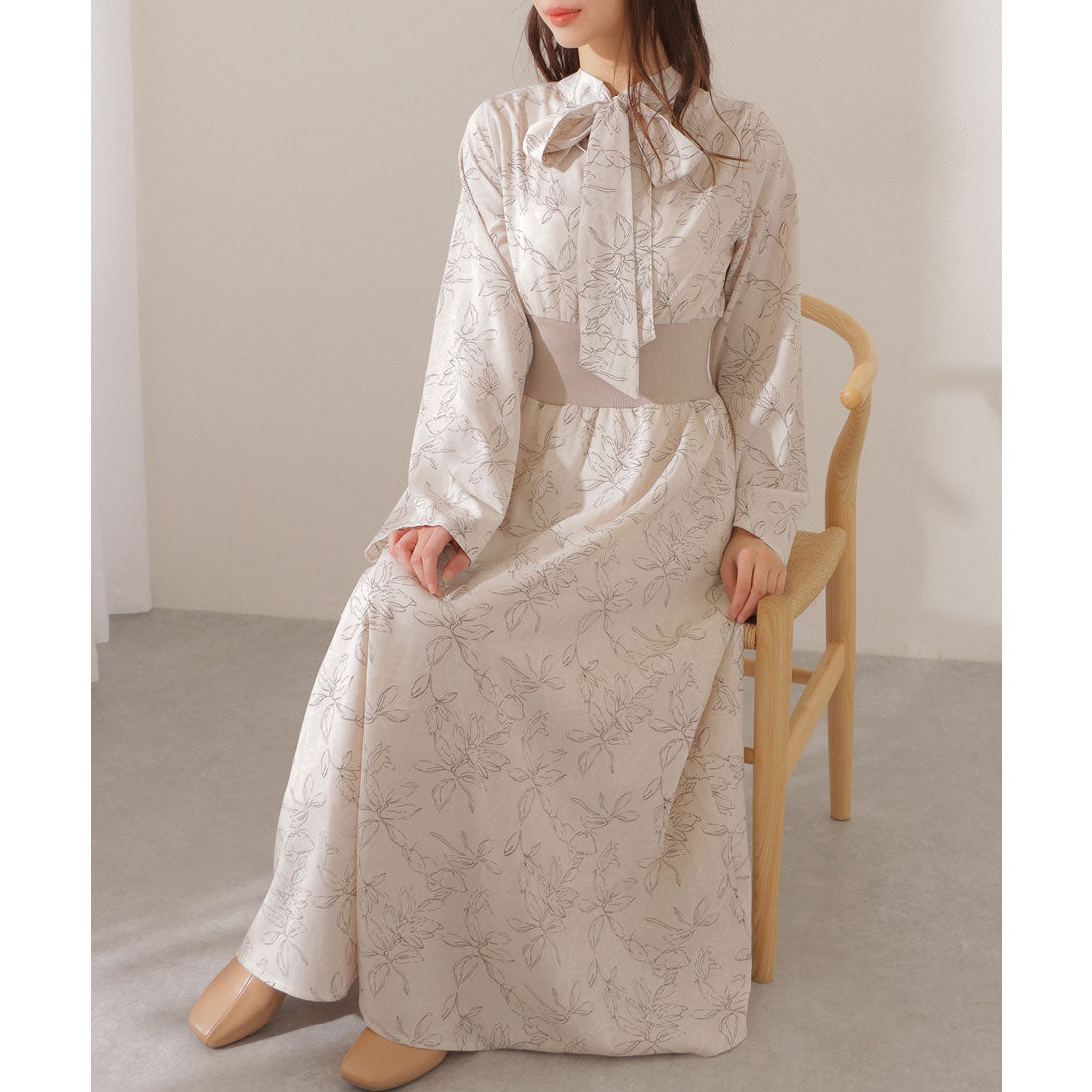レースレディース Lace Ladies バック ギャザー ボウタイ付き 花柄 マキシ ワンピース (アイボリー) アイボリー