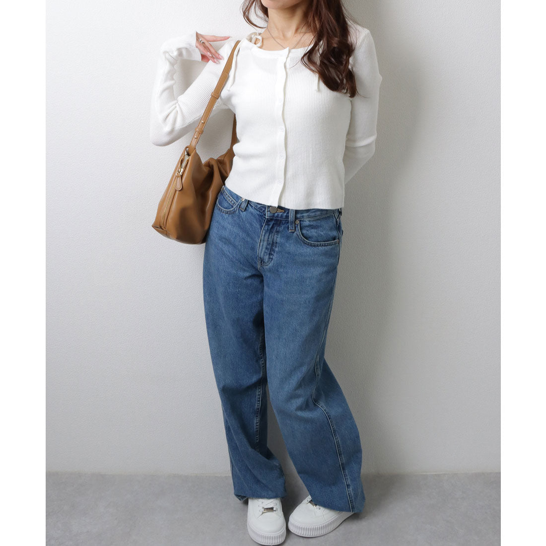 レースレディース Lace Ladies ソリッドカラー ショルダーリボン クロップド 長袖 トップス (アイボリー) アイボリー