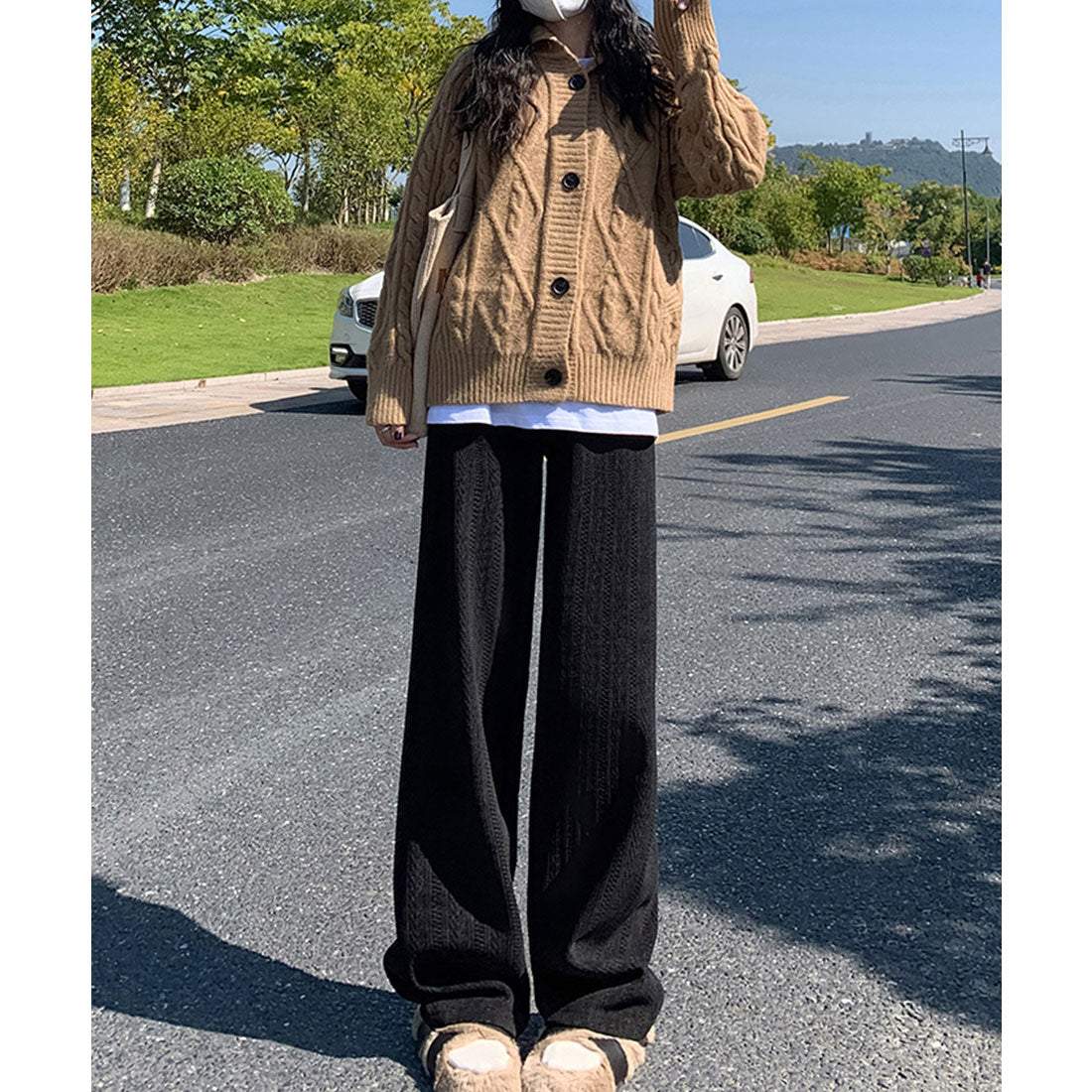 Race Ladies Lace Ladies Stripe Pattern Waist Easy Semi-Wide Fleece-Lined Pants