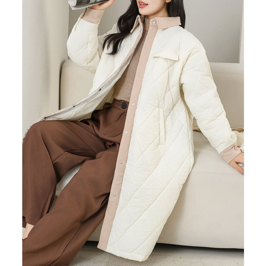 レースレディース Lace Ladies コーデュロイ ステンカラー キルティング ロング コート (グレージュ) グレージュ