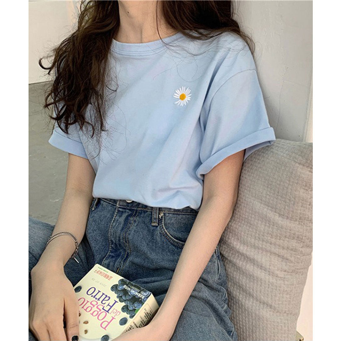 レースレディース Lace Ladies フラワー 刺繍 クルーネック 半袖 Tシャツ (ブルー) ブルー