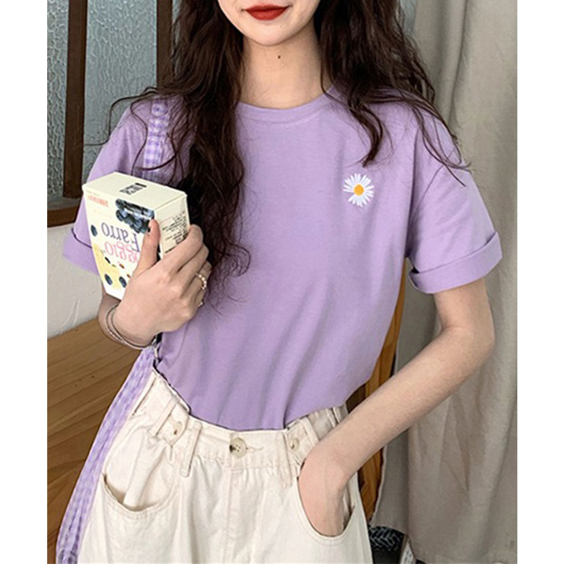 レースレディース Lace Ladies フラワー 刺繍 クルーネック 半袖 Tシャツ (パープル) パープル