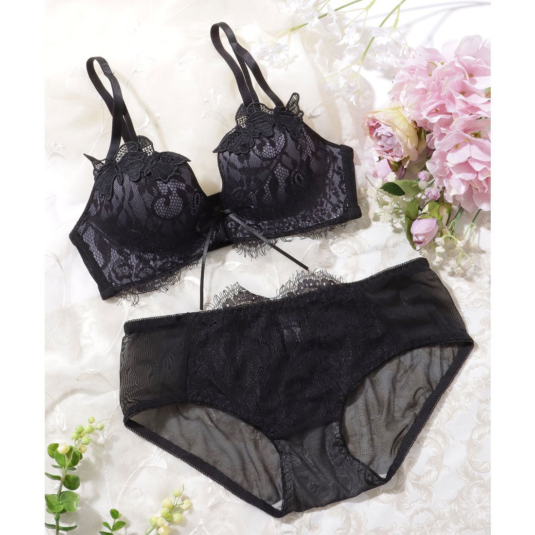 レースレディース Lace Ladies 【2点セット】フロントホック バタフライ フラワー ブラ&ショーツ【返品不可商品】 (ブラック) ブラック