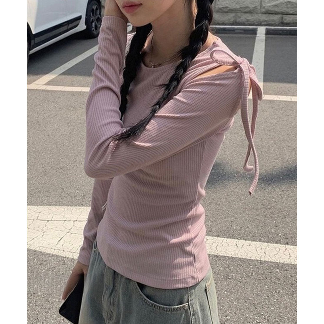 レースレディース Lace Ladies 肩リボン オープンカット ショルダー リブ カットソー (ピンク) ピンク