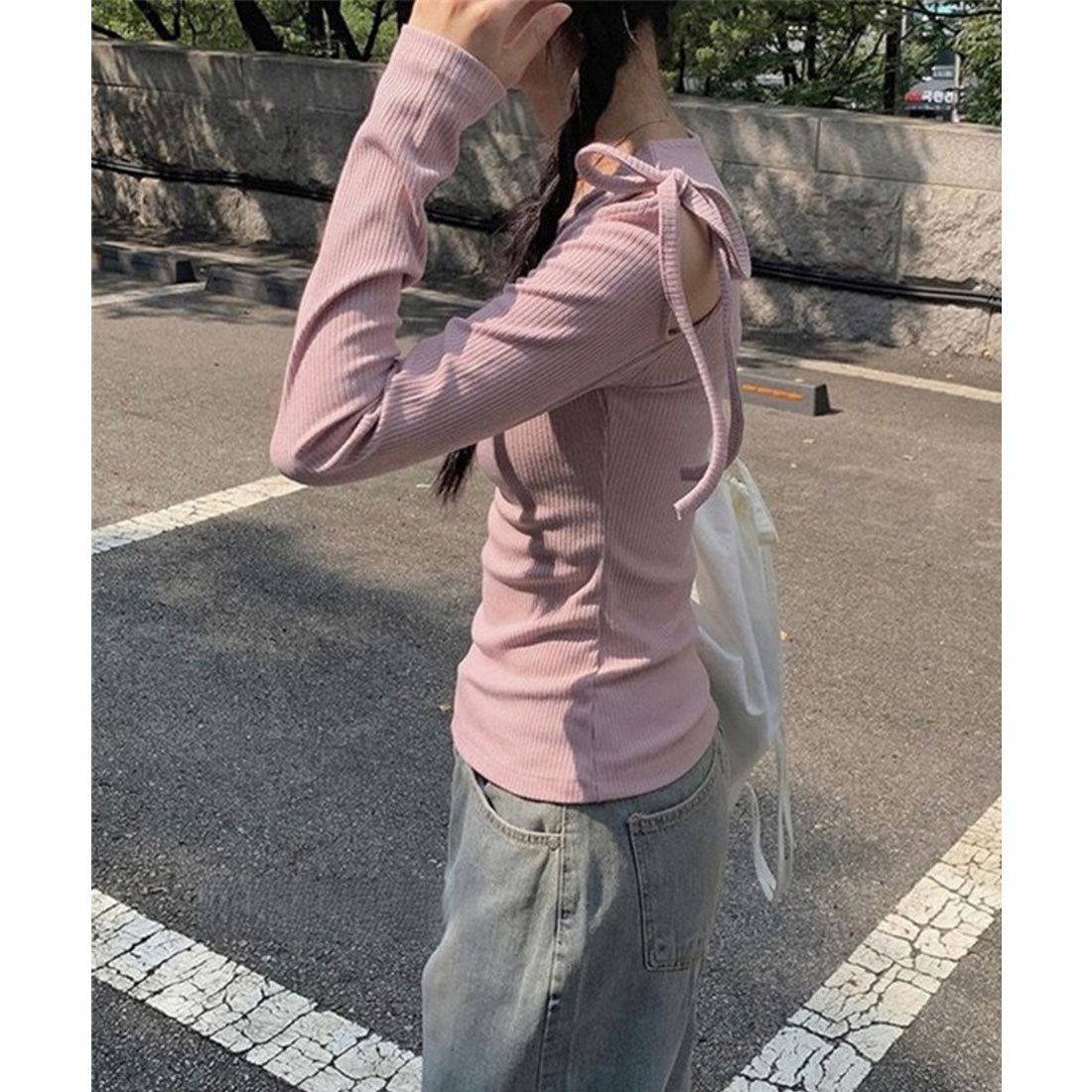 レースレディース Lace Ladies 肩リボン オープンカット ショルダー リブ カットソー (ピンク) ピンク