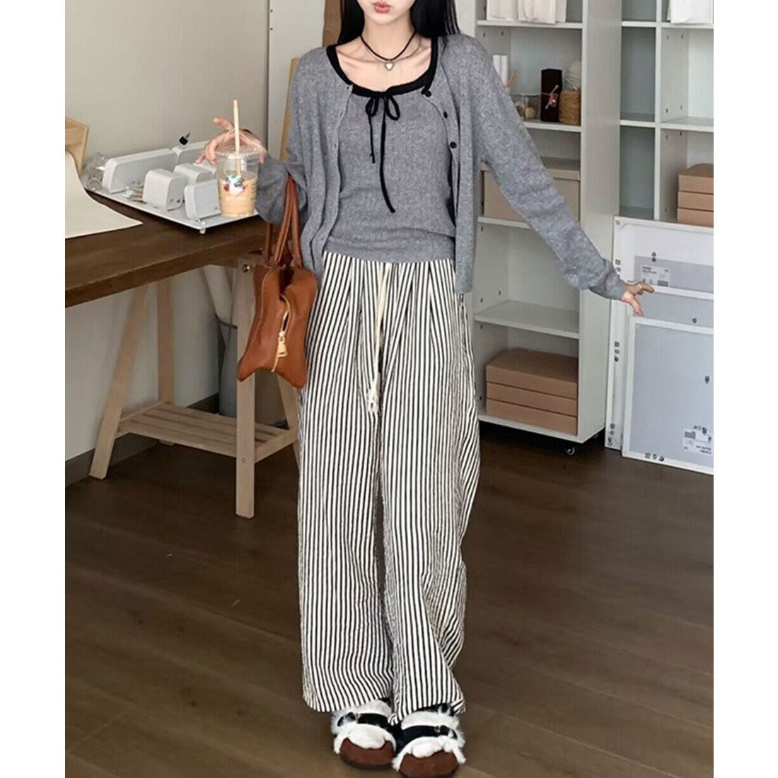 レースレディース Lace Ladies 配色 リボン ニット アンサンブル 2点セット (グレー) グレー